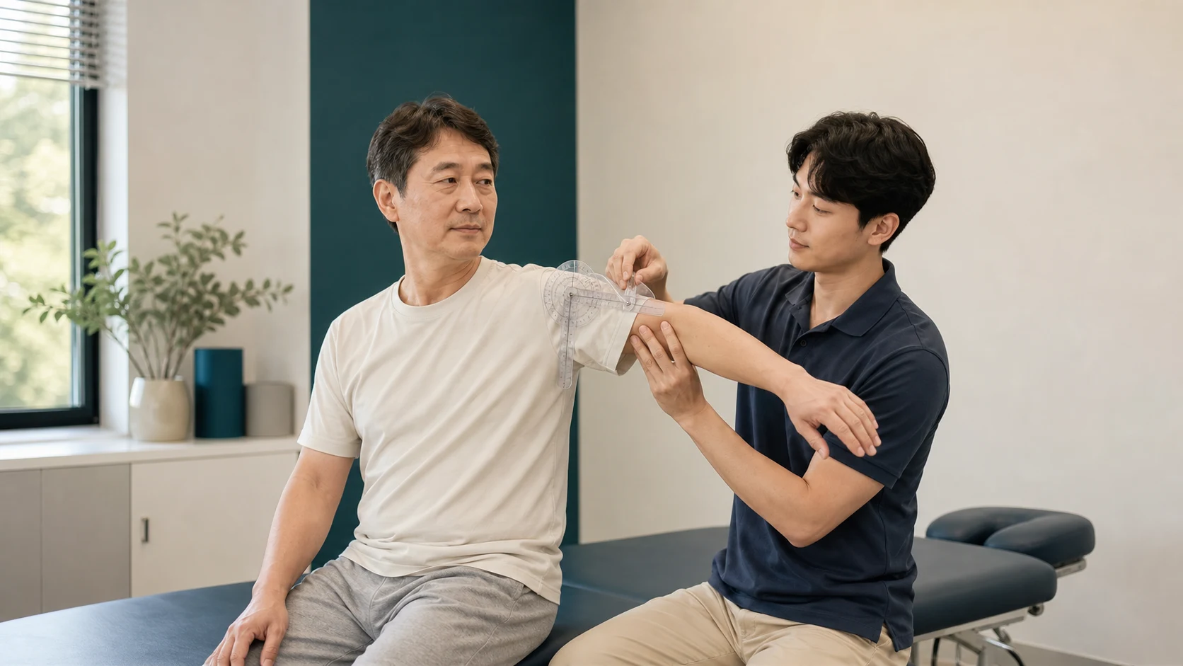 진료실에서 남성 환자가 어깨 가동범위 측정을 받고 치료사가 각도를 확인하는 모습