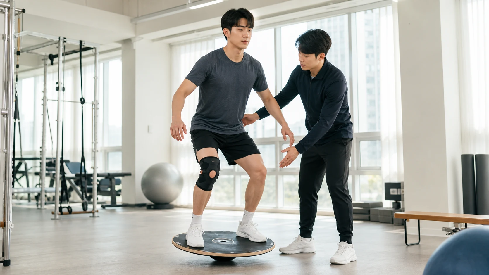 스포츠재활 공간에서 젊은 남성이 밸런스 보드 위 균형 훈련을 하고 트레이너가 옆에서 보조하는 모습